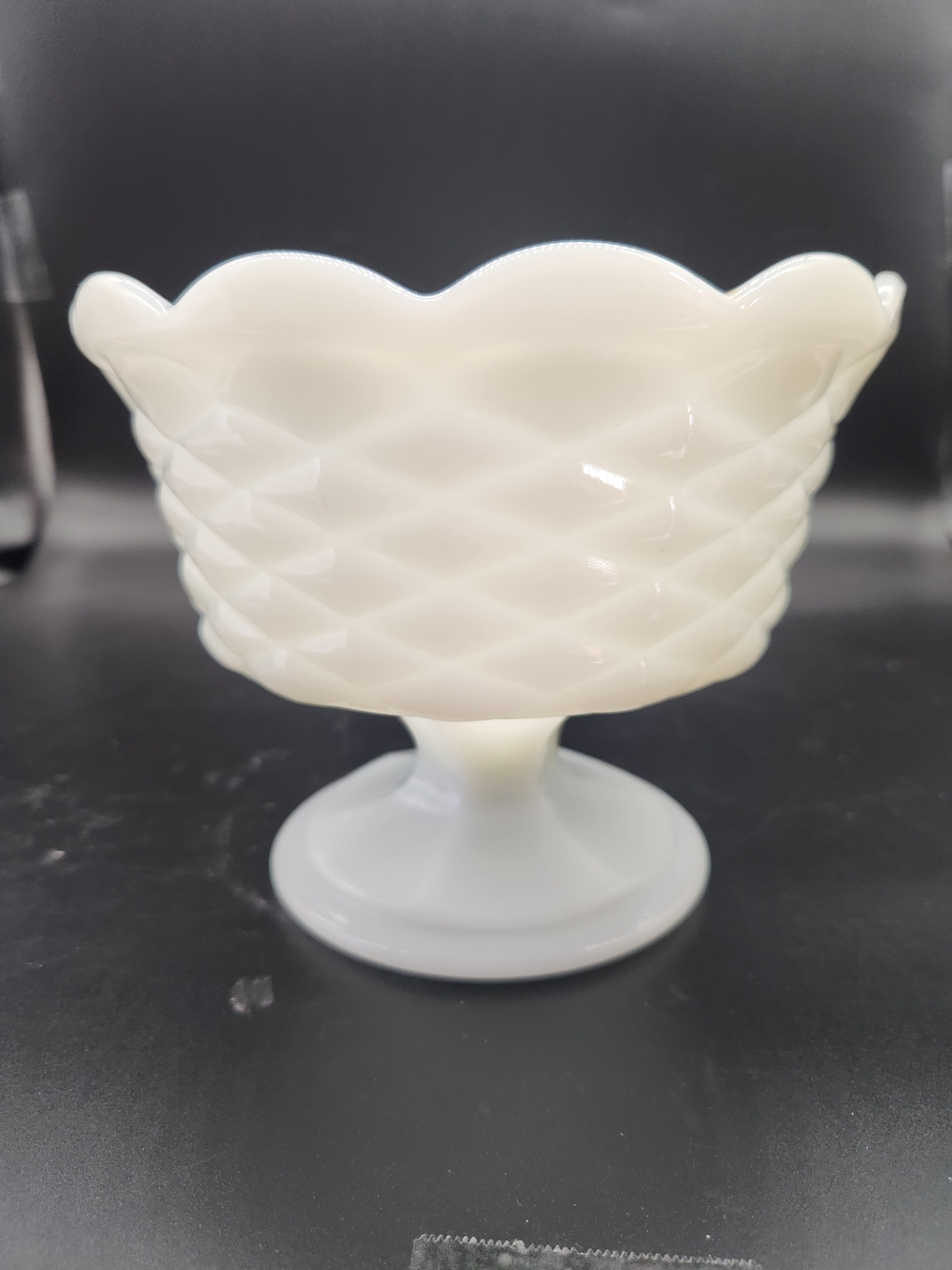 Vintage White Milk Glass Pedestal Quilted Diamond Compote Bowl